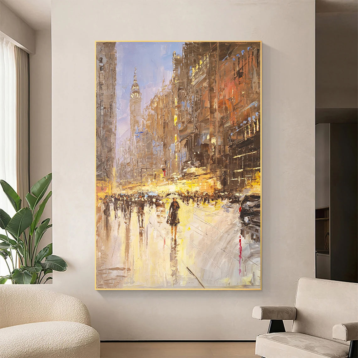 a painting of people walking down a city street