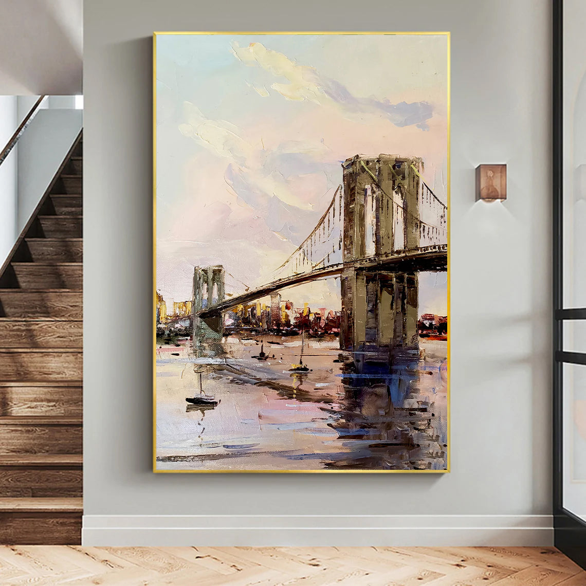 a painting of a bridge on a wall