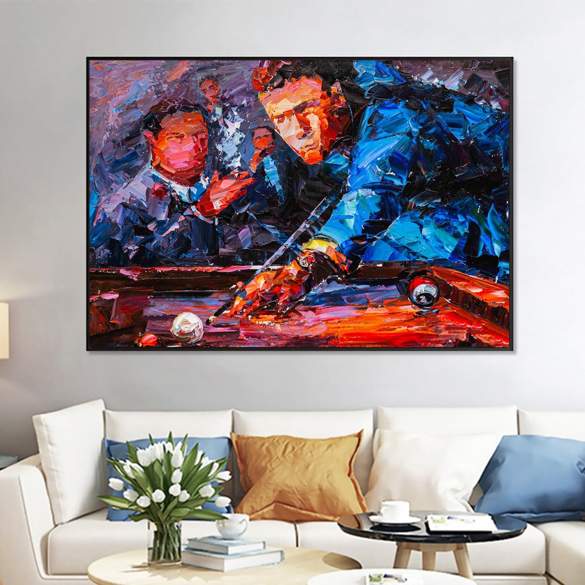 a painting of two men playing a game of pool