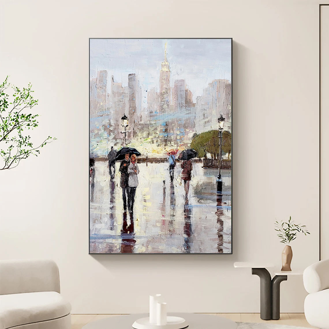 a painting of people walking in the rain with umbrellas