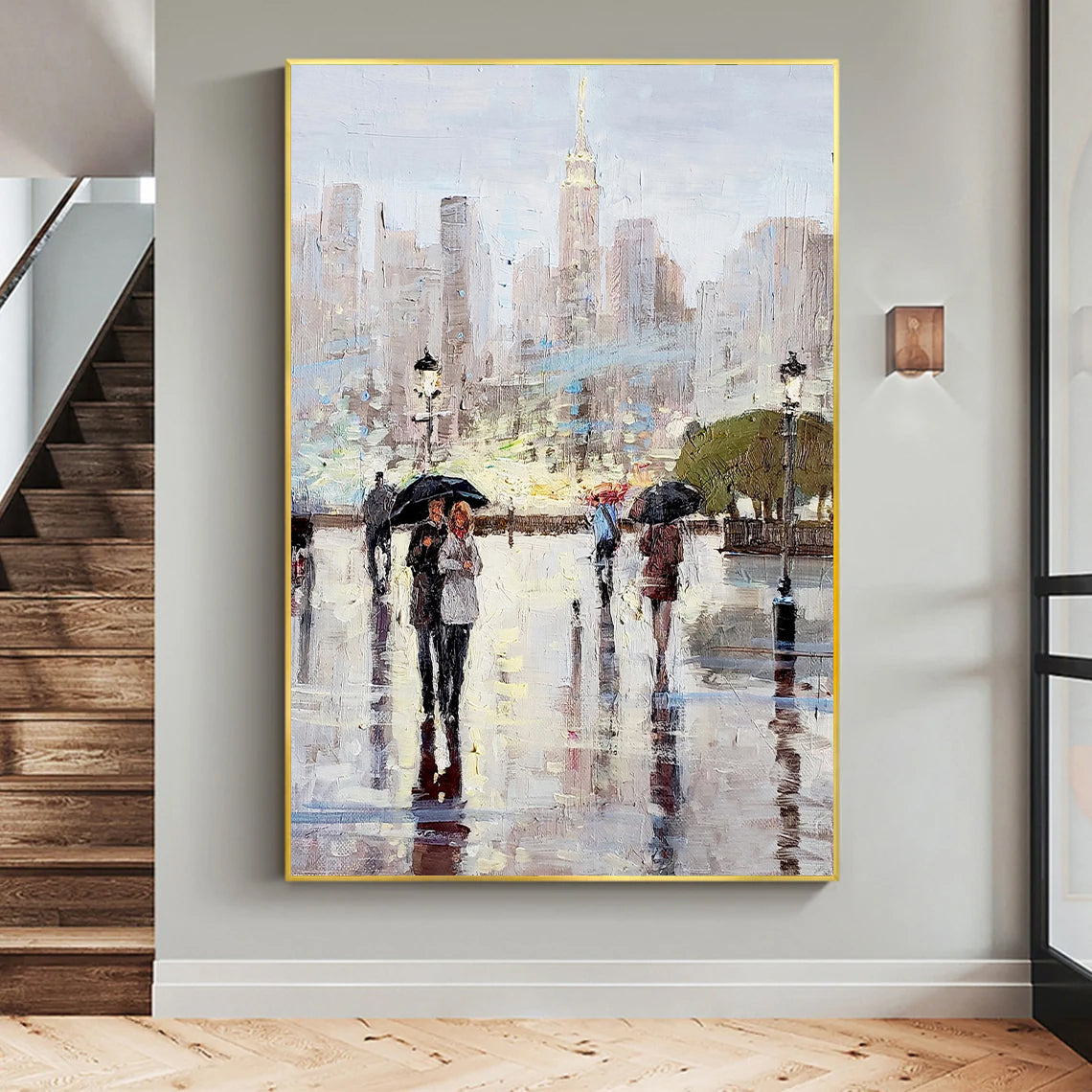 a painting of people walking in the rain with umbrellas