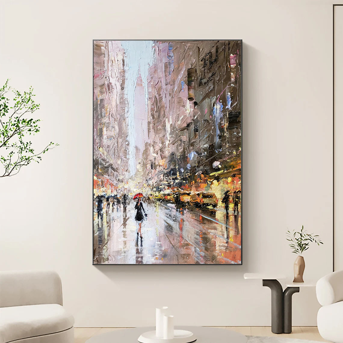 a painting of a woman walking down a street holding an umbrella