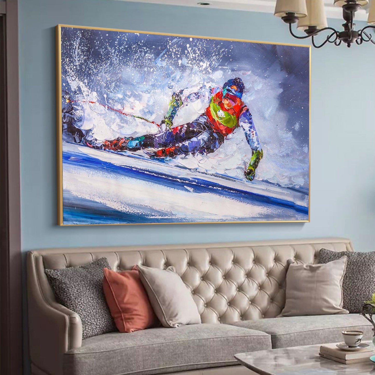 a painting of a skier is hanging on the wall