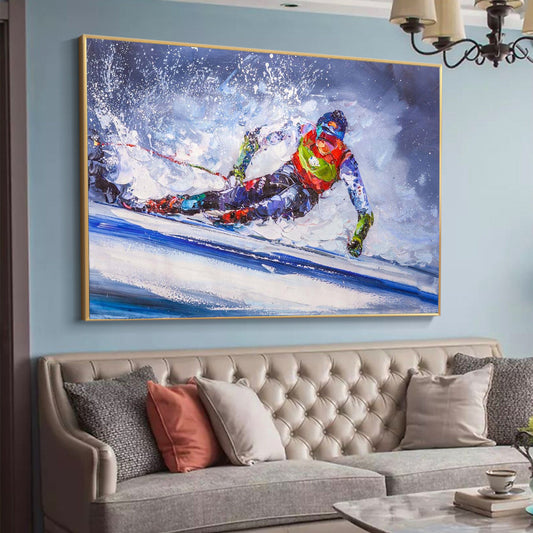 a painting of a skier is hanging on the wall