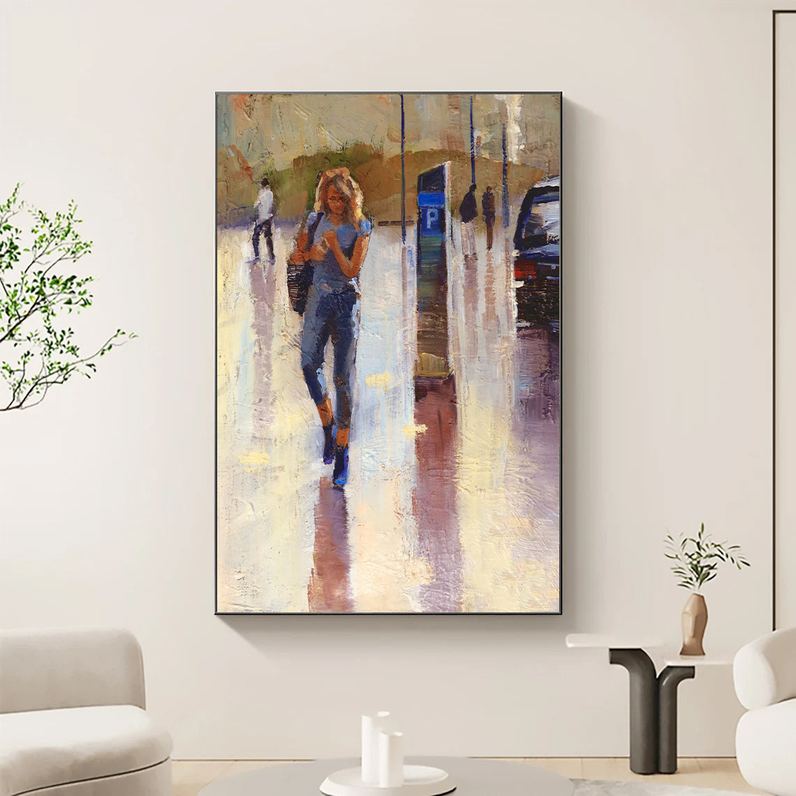 a painting of a woman walking in the rain