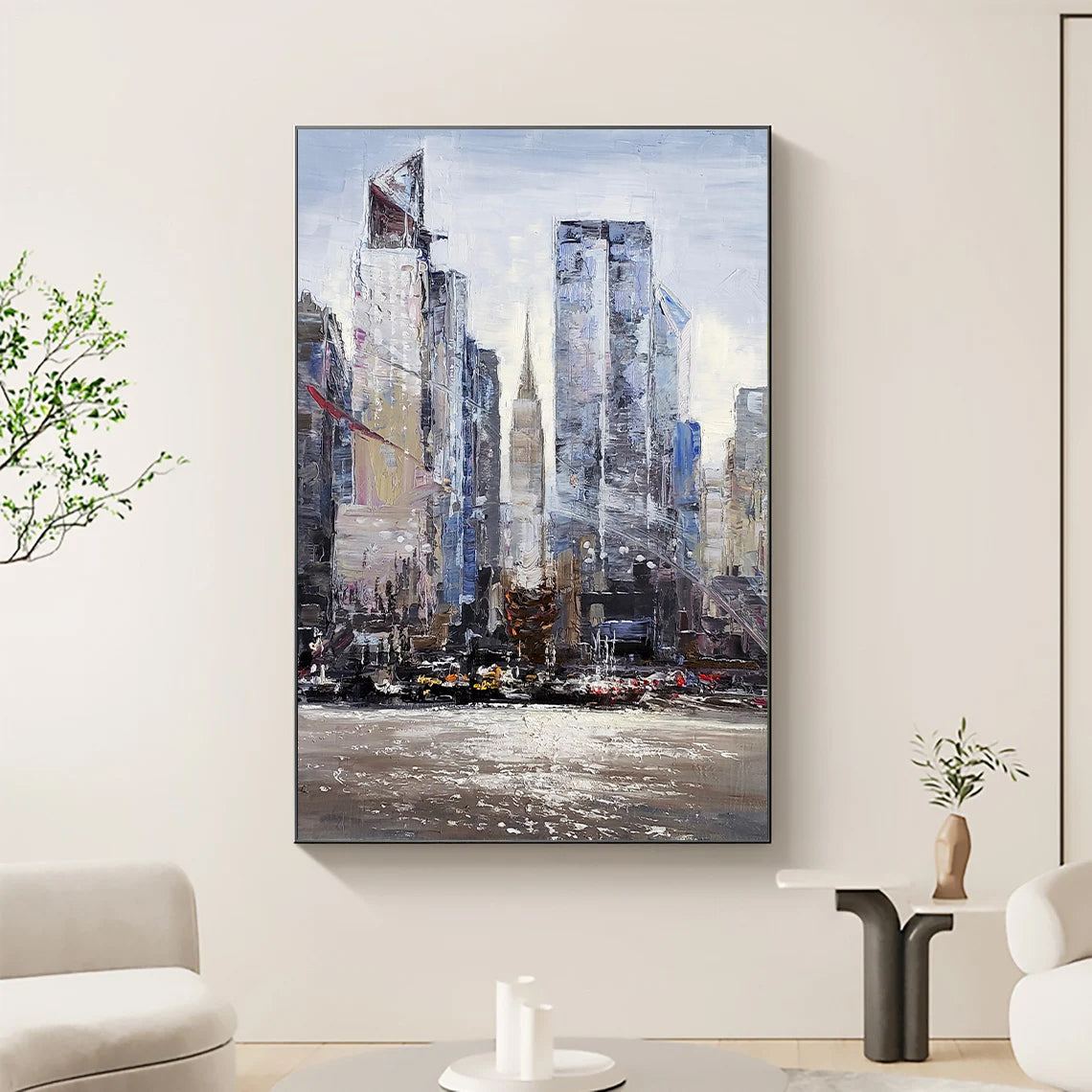 a painting of a cityscape in a living room