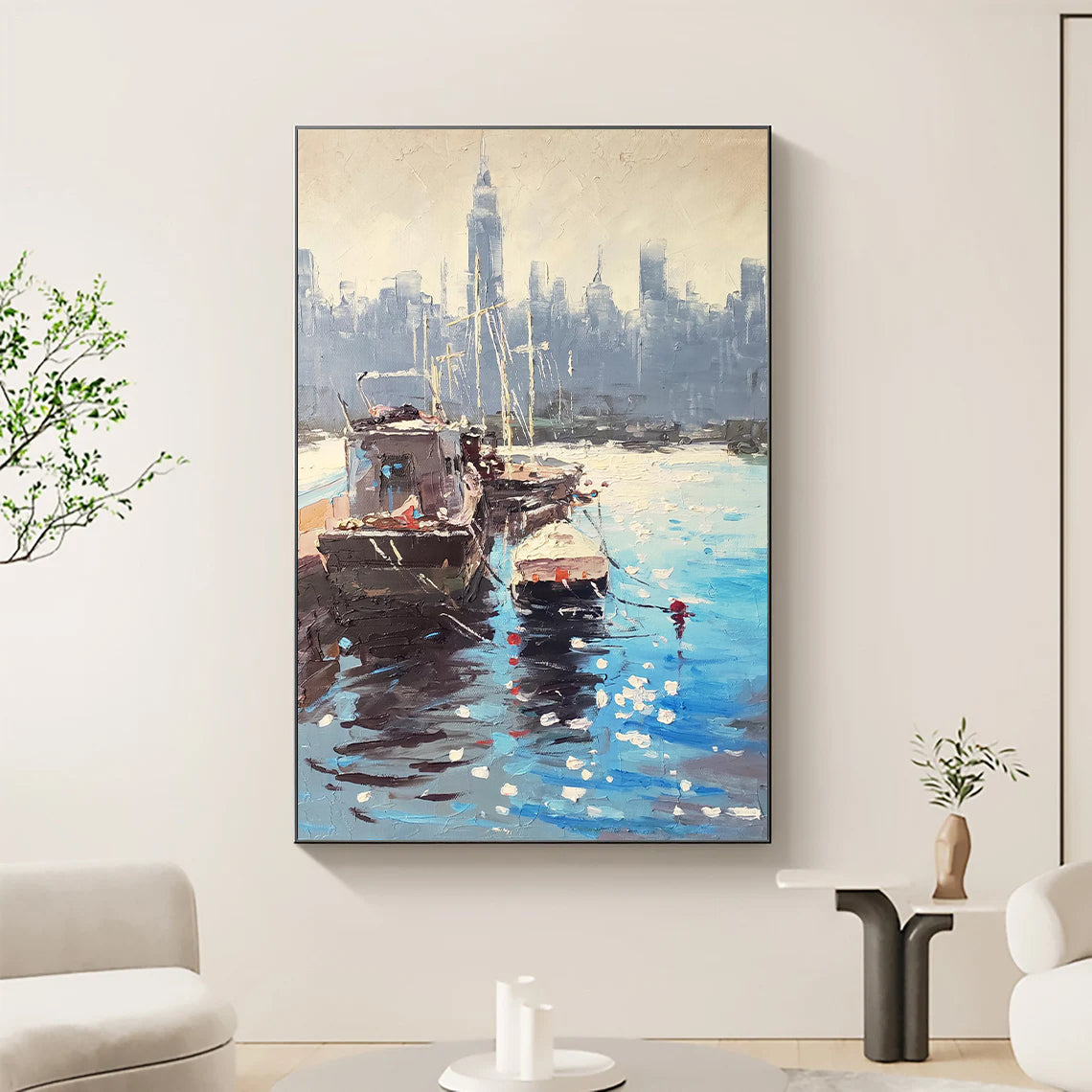 a painting of boats in a harbor with a city in the background