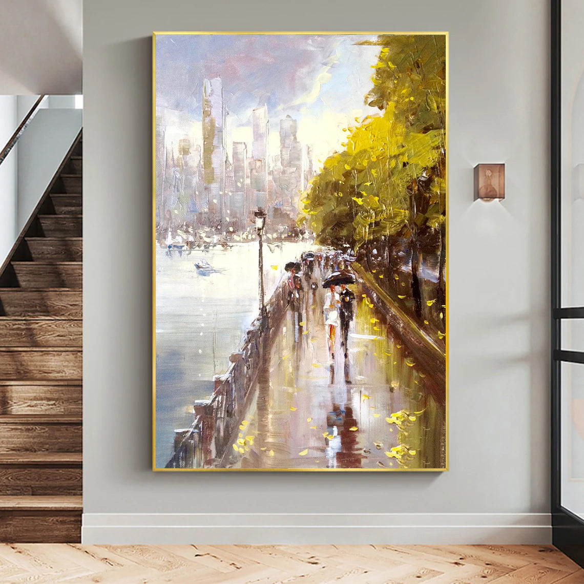 a painting of people walking down the street in the rain