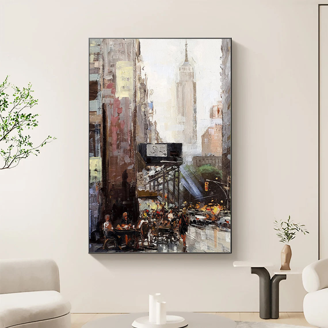 a painting of a cityscape in a living room