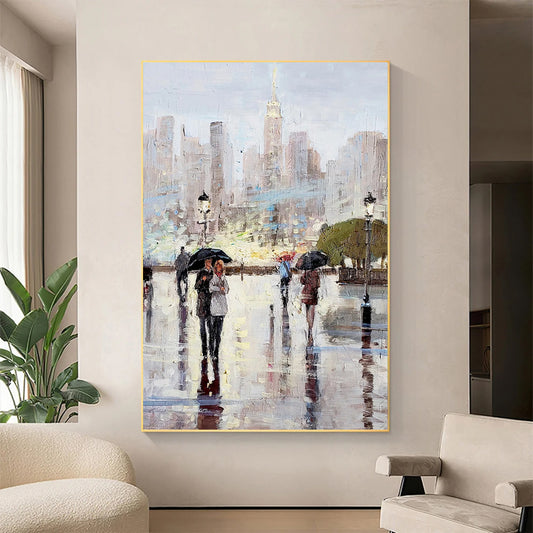 a painting of people walking in the rain with umbrellas