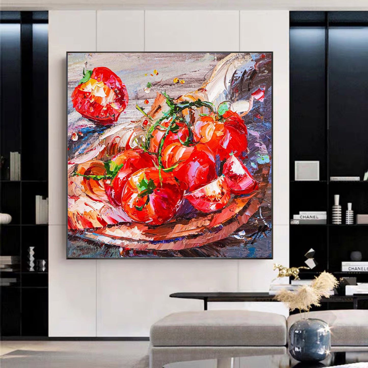 a painting of tomatoes in a bowl on a wall