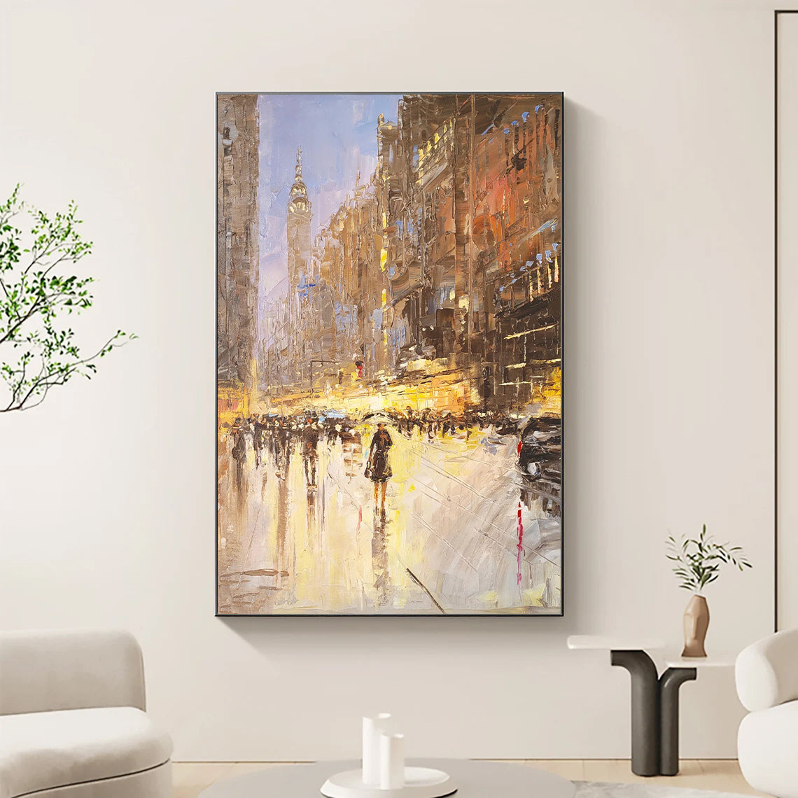 a painting of people walking down a city street