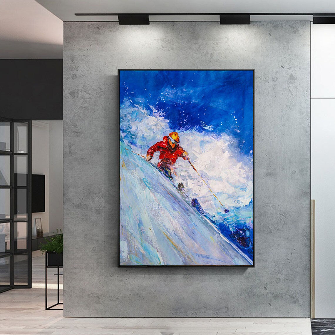 a painting of a person skiing down a mountain