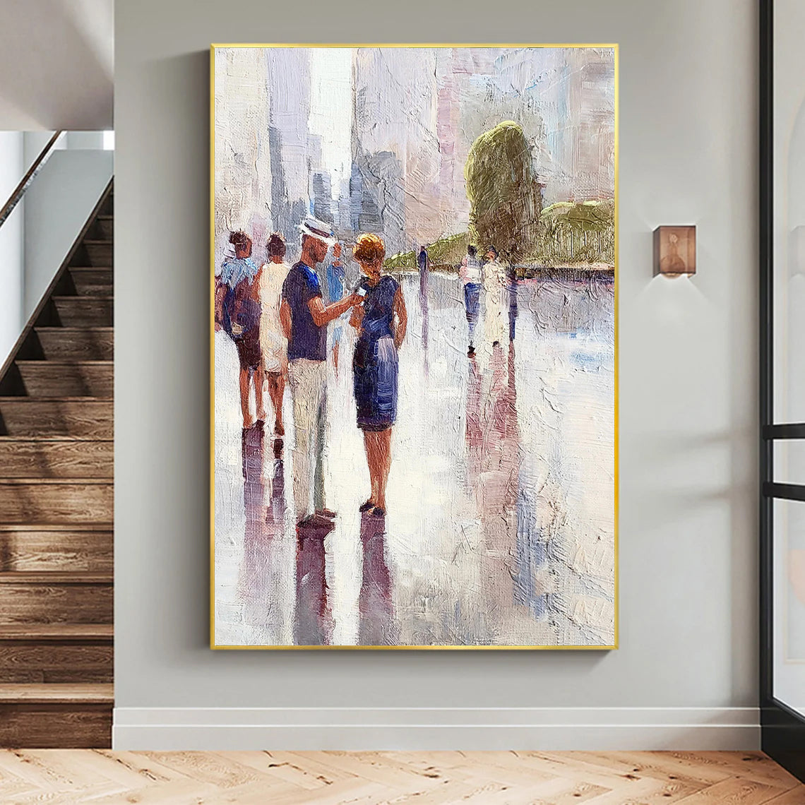 a painting of a group of people walking down a street