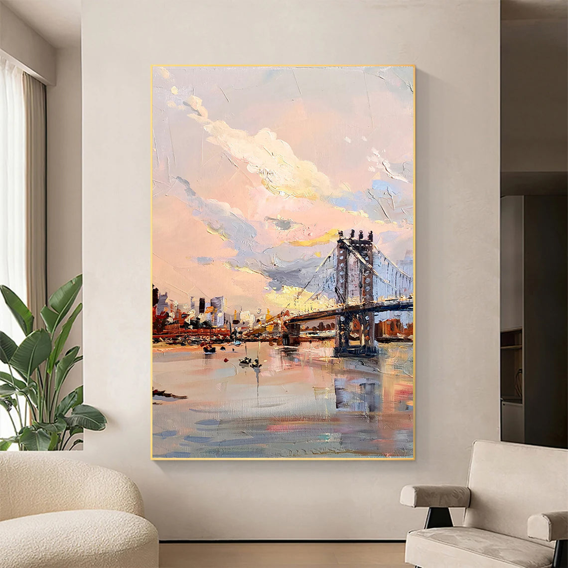 a painting of a bridge in a living room