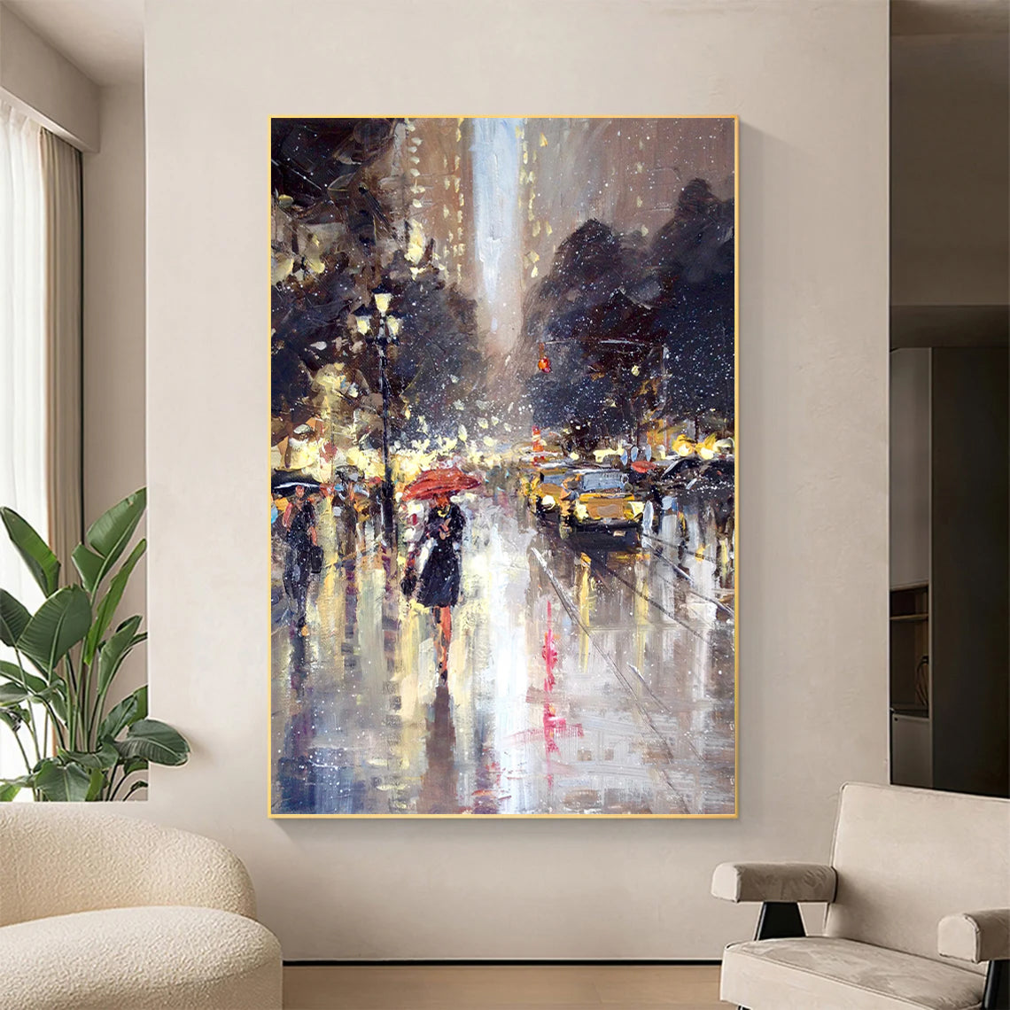 a painting of a woman holding an umbrella in the rain