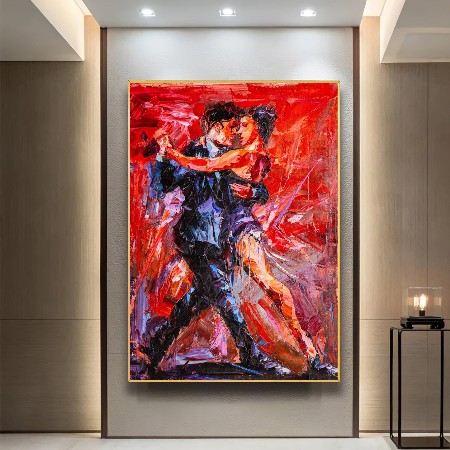 a painting of a man and a woman on a red background