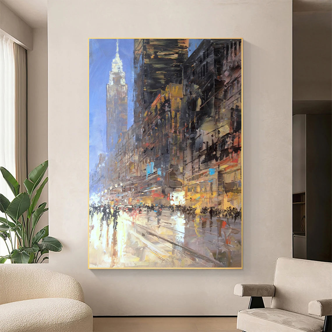 a painting of a city street at night