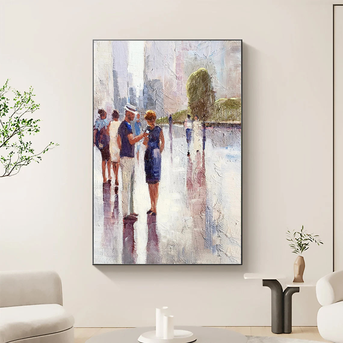 a painting of a group of people walking down a street