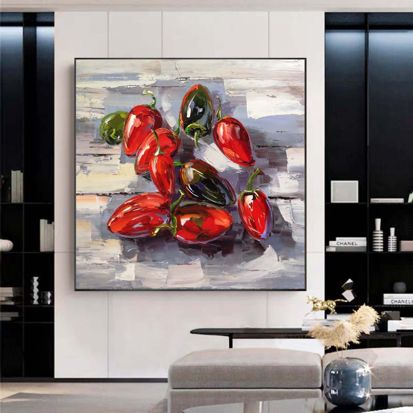 a painting of red peppers on a white background