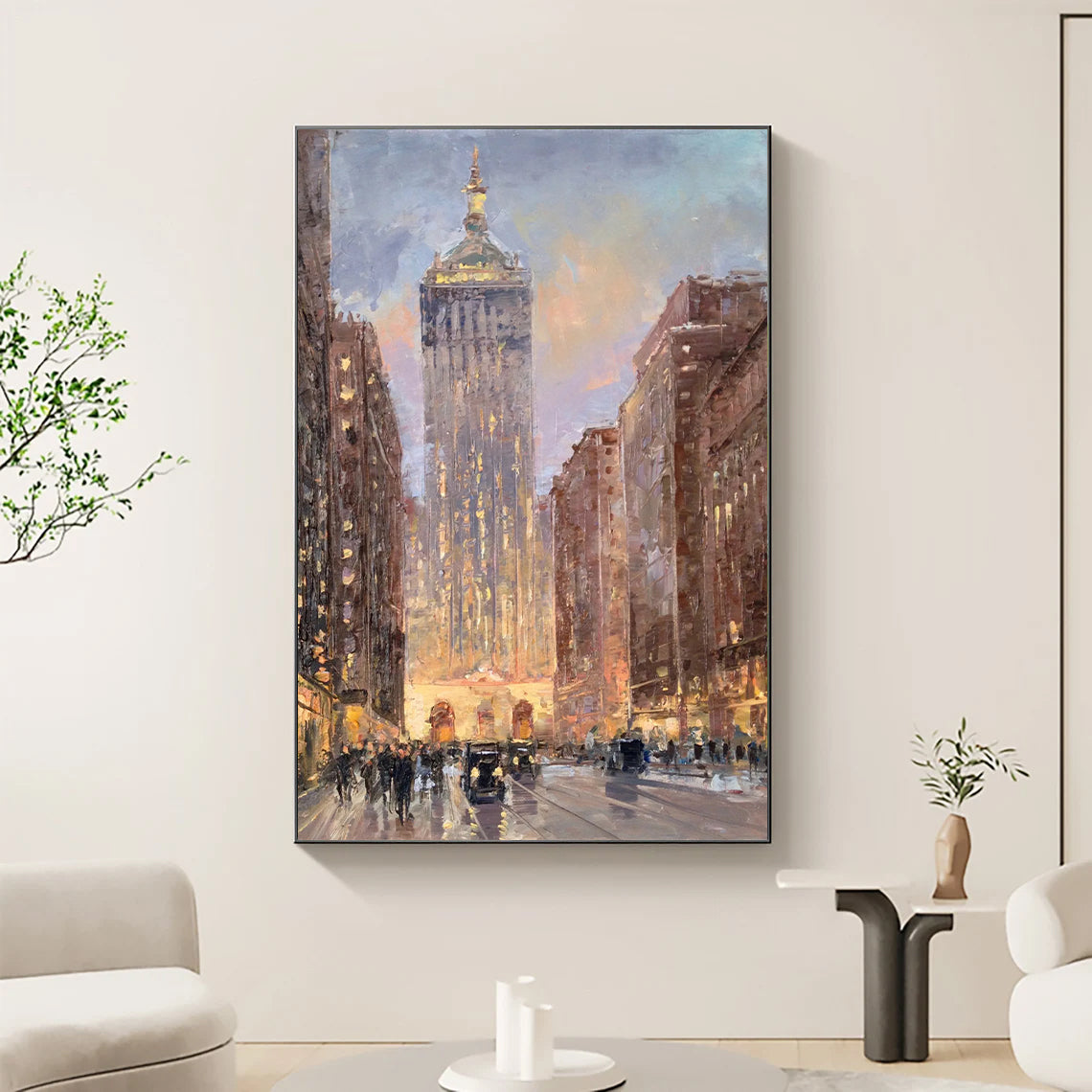 a painting of a city with tall buildings