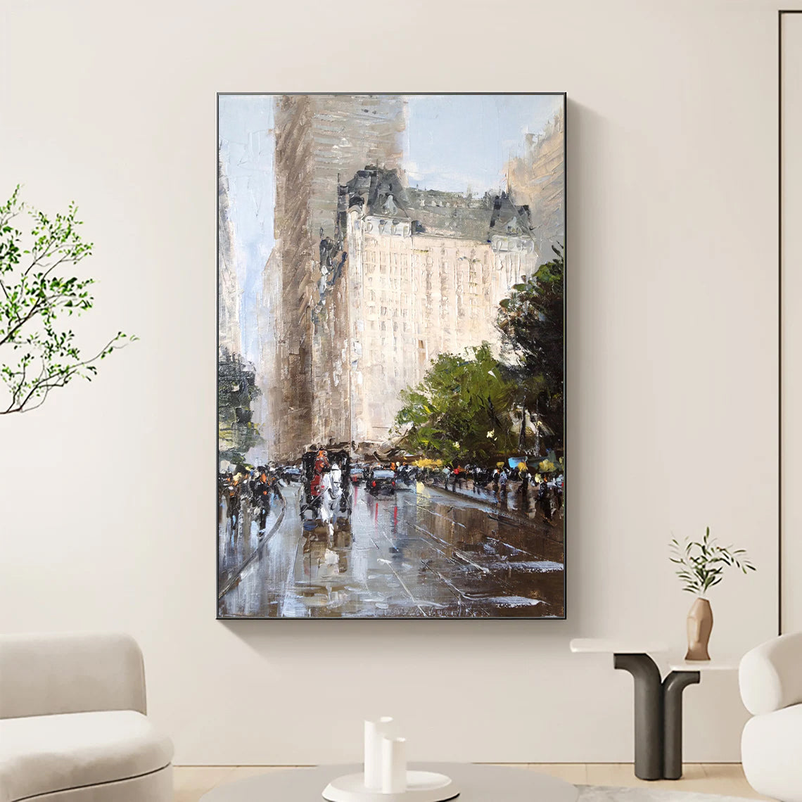 a painting of people walking in the rain