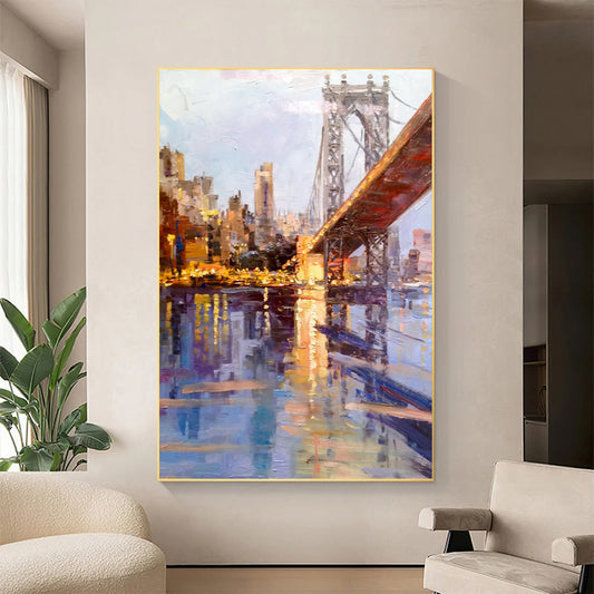 a painting of a cityscape with a bridge in the background