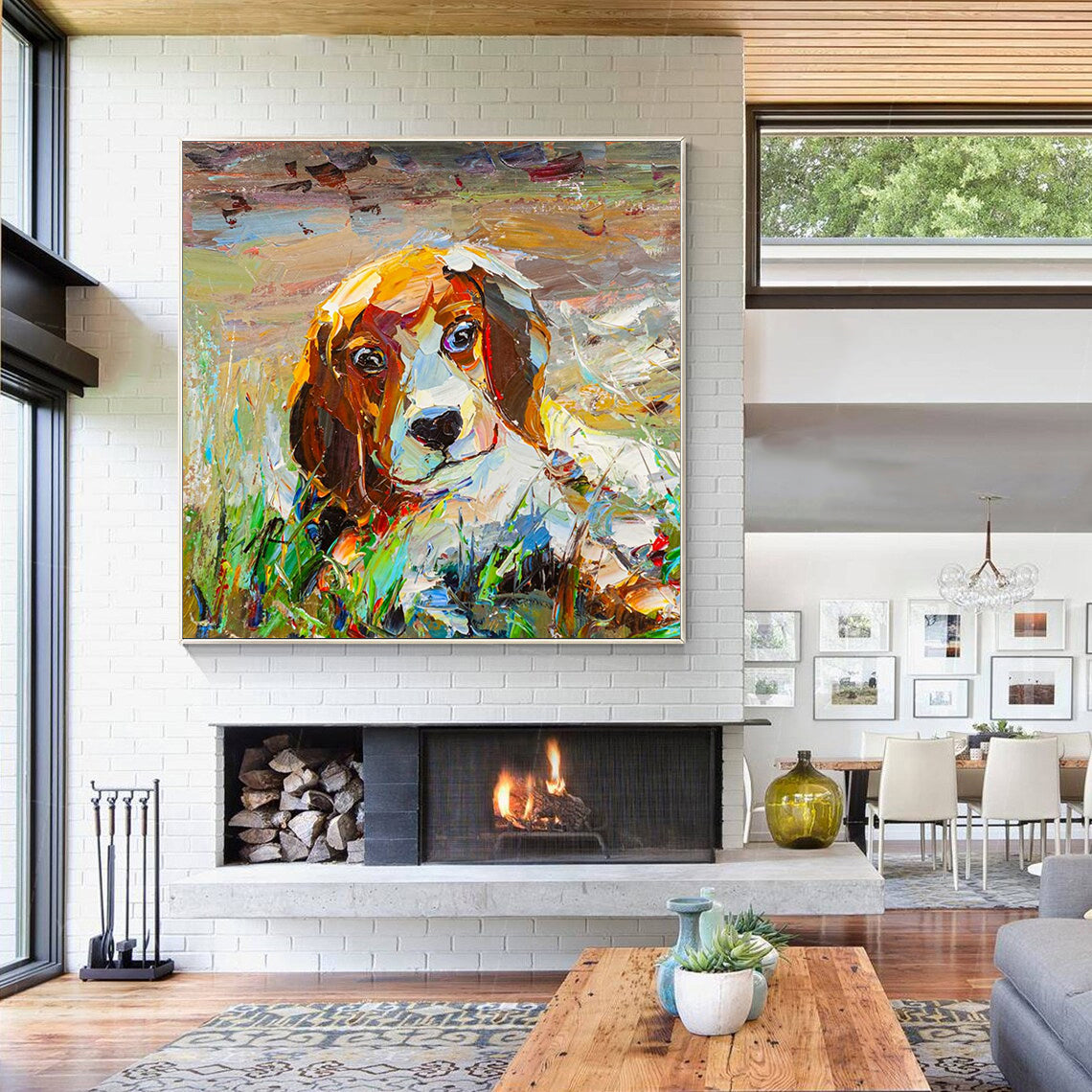 a living room with a painting of a dog on the wall