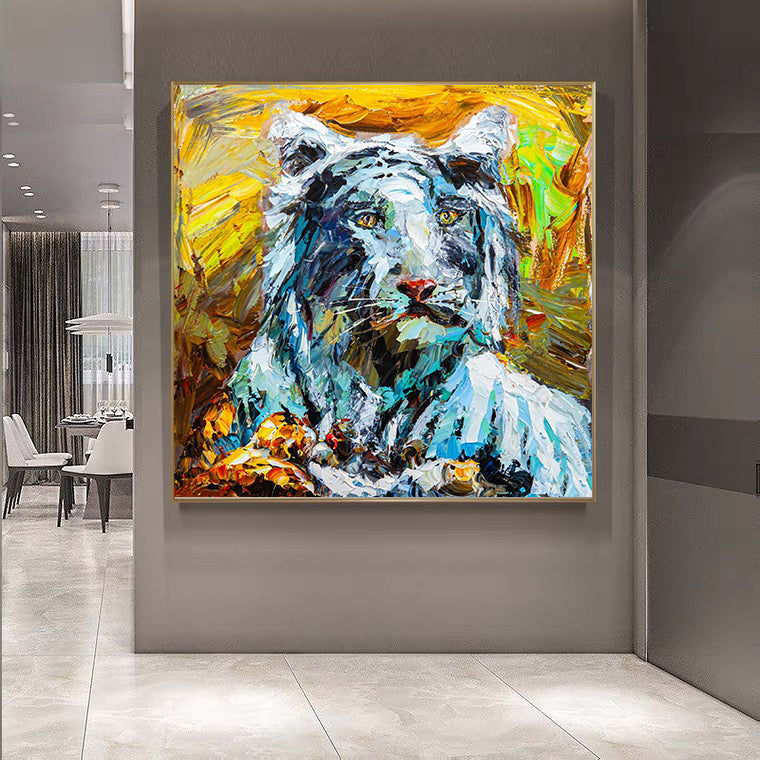 a painting of a white tiger in a room