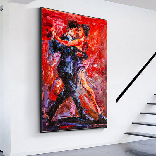 a painting of two people hugging in a room