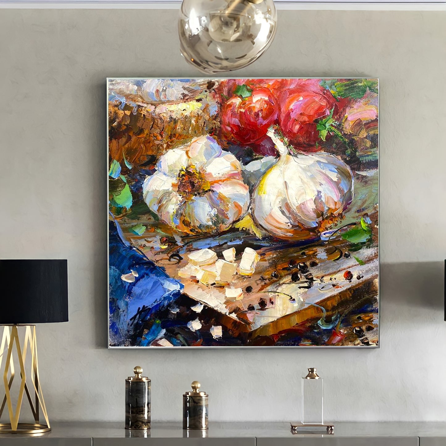 a painting of garlic and tomatoes on a table