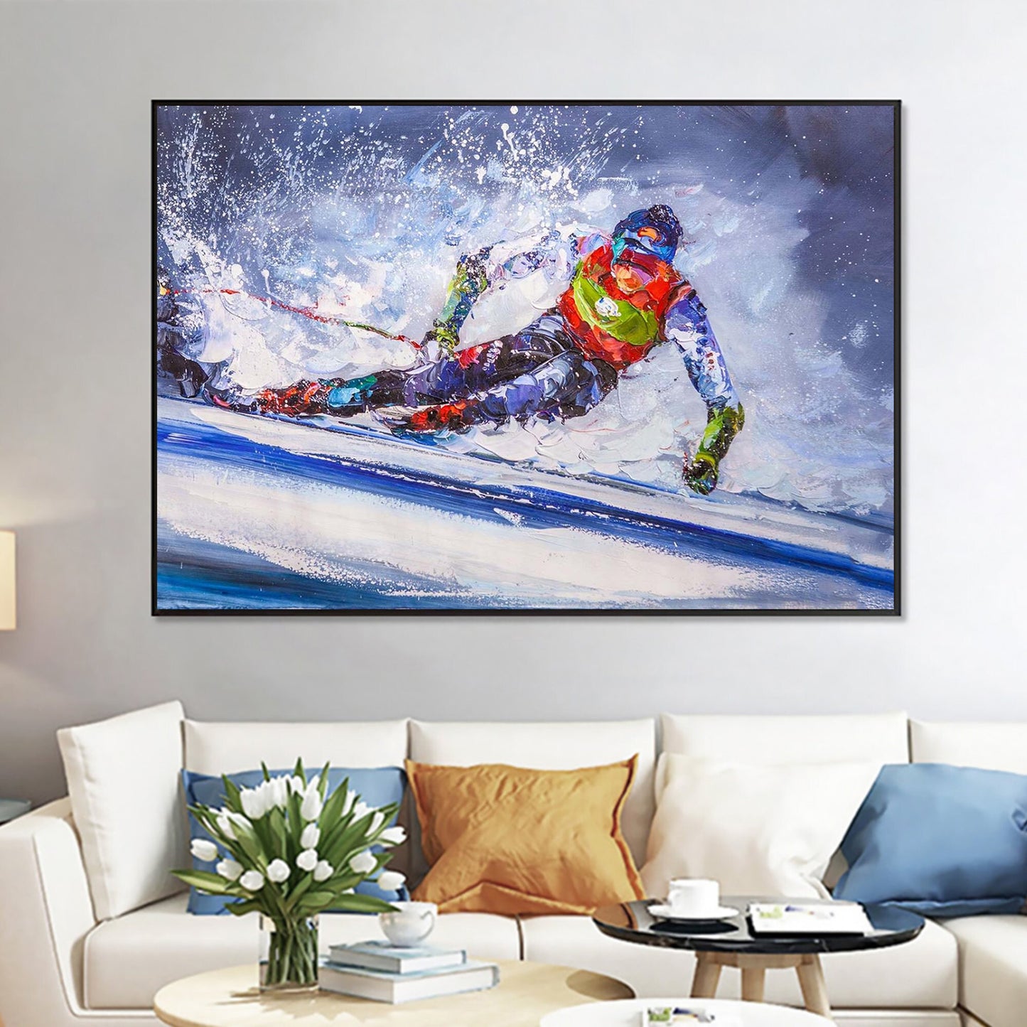 a painting of a person skiing in the snow