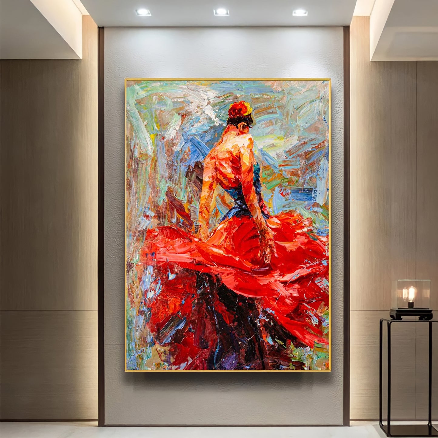 a painting of a woman in a red dress