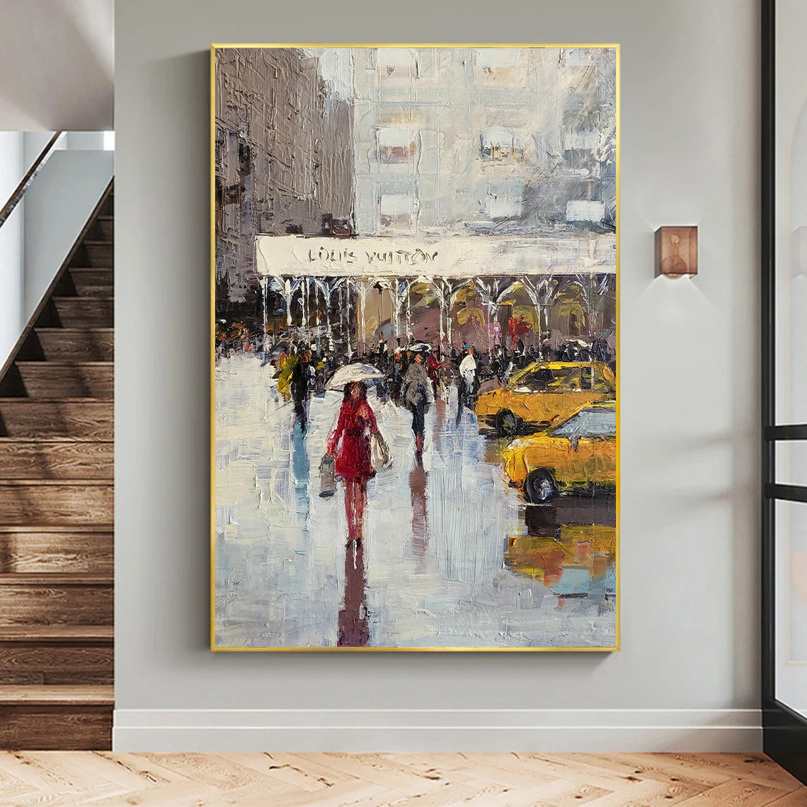 a painting of people walking in the rain