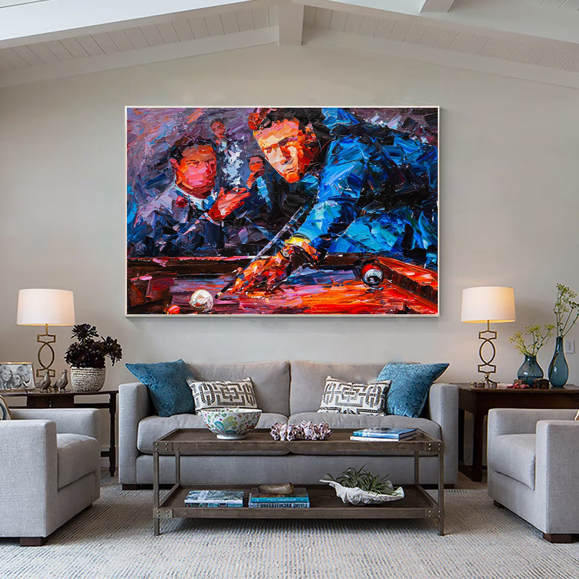 a living room filled with furniture and a painting on the wall