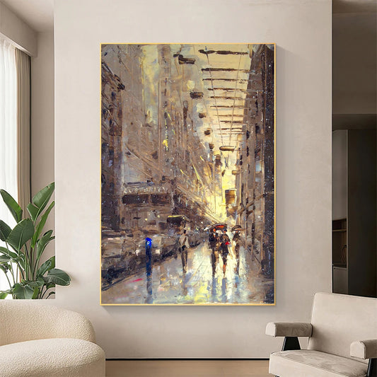 a painting of people walking down a city street