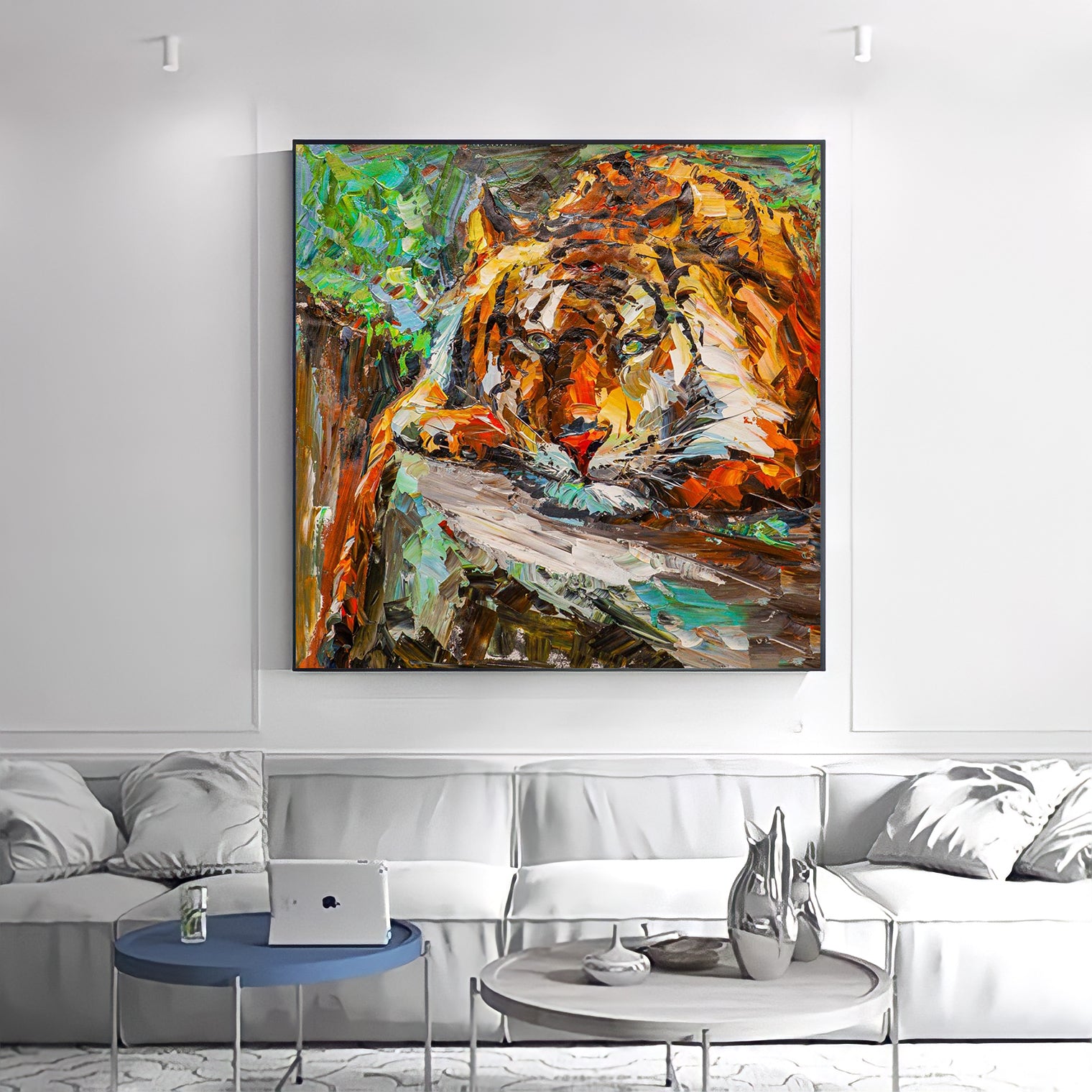 a painting of a tiger resting on a couch