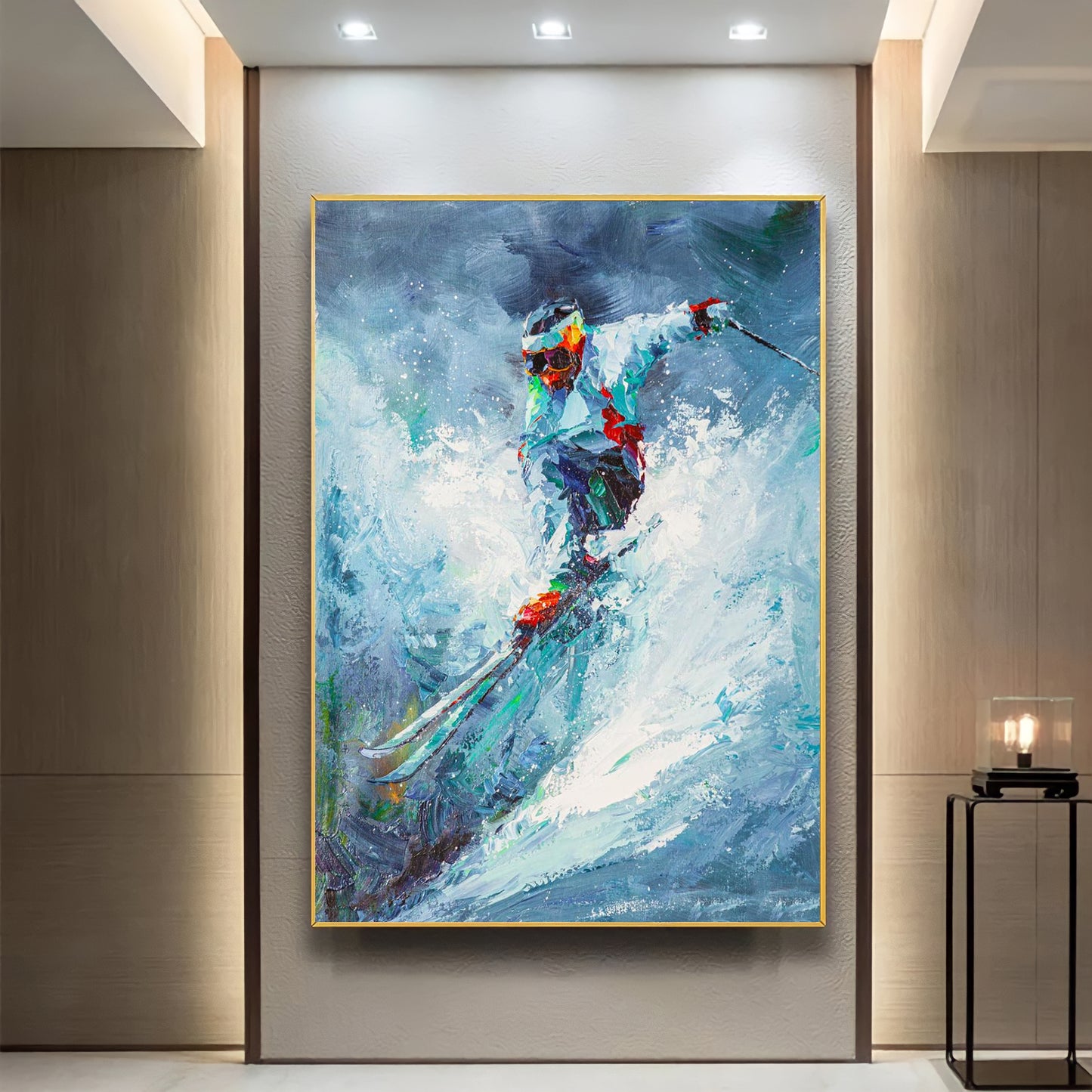 a painting of a person on a ski board