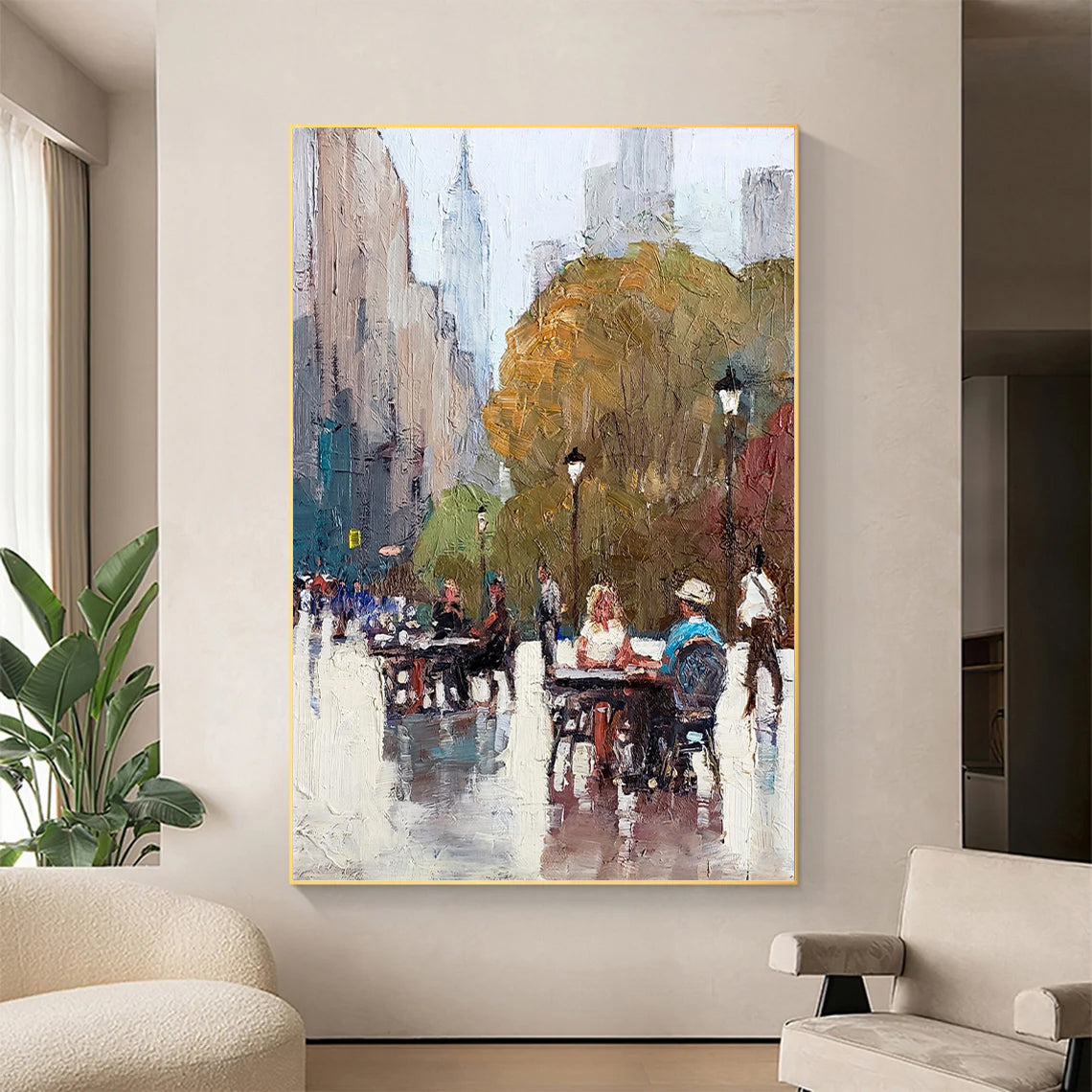 a painting of people sitting at a table on a rainy day