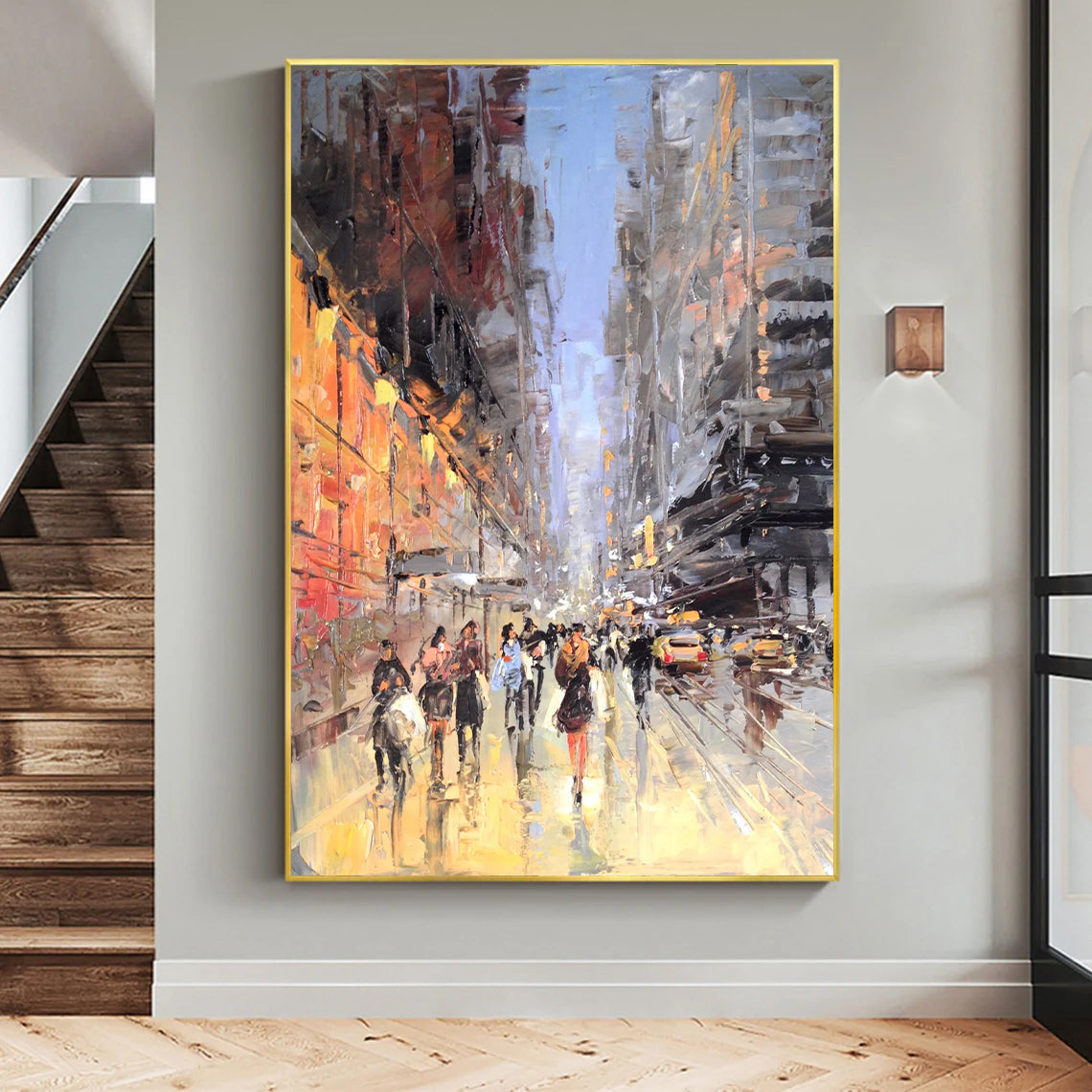 a painting of people walking down a city street