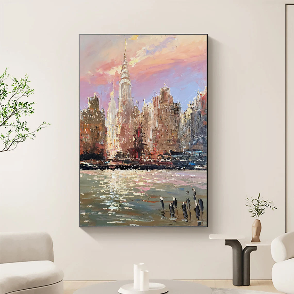 a painting of a cityscape in a living room