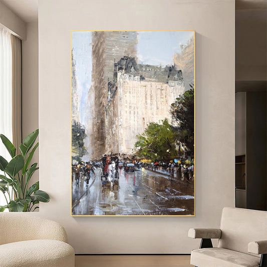 a painting of people walking in the rain