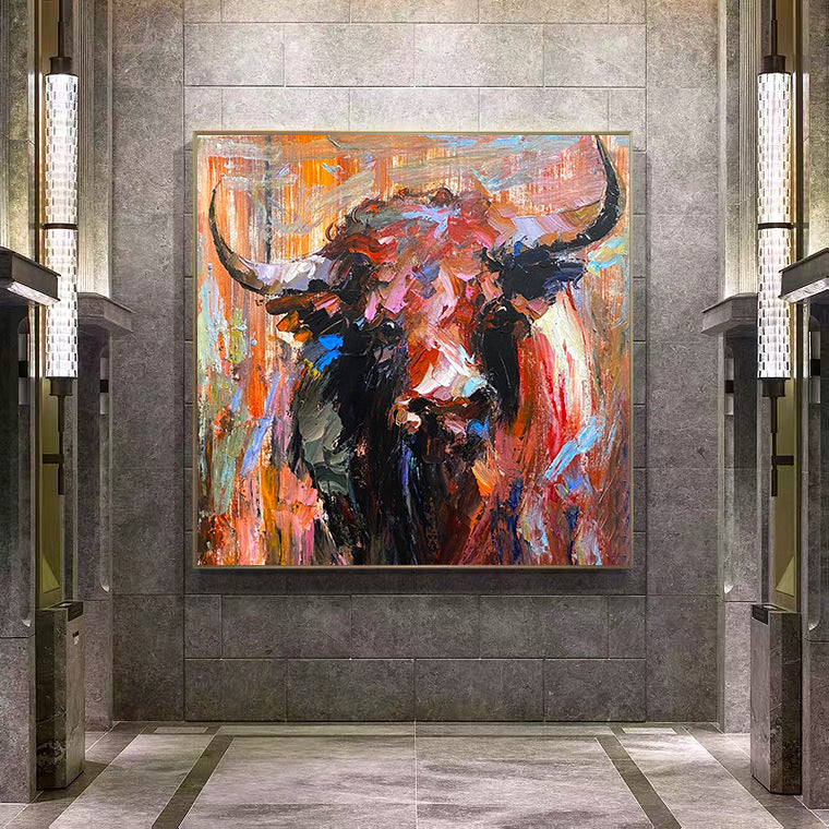 a painting of a bull in a building