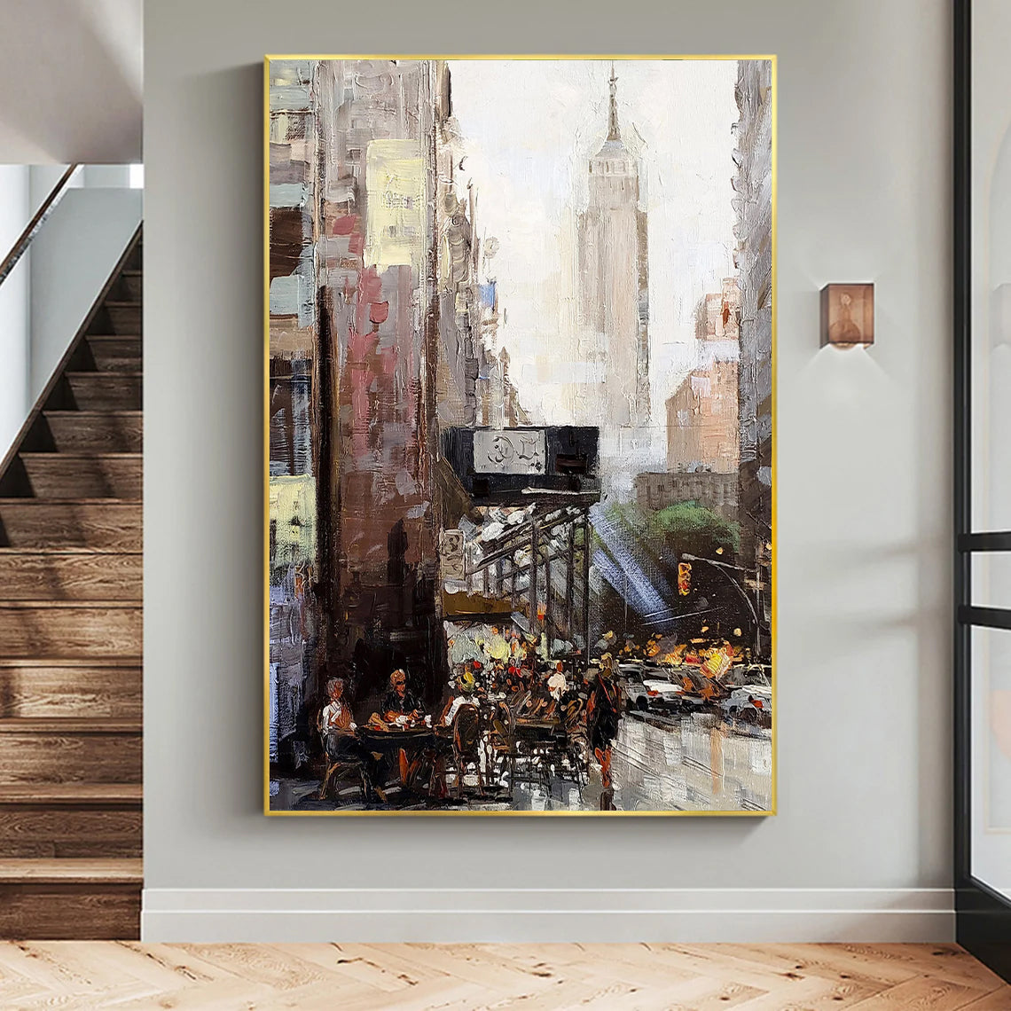 a painting of a city scene with a staircase