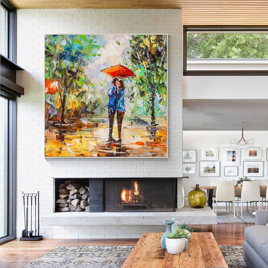 a painting of a person holding an umbrella in a living room