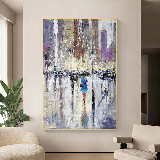 a painting of people walking in the rain with umbrellas