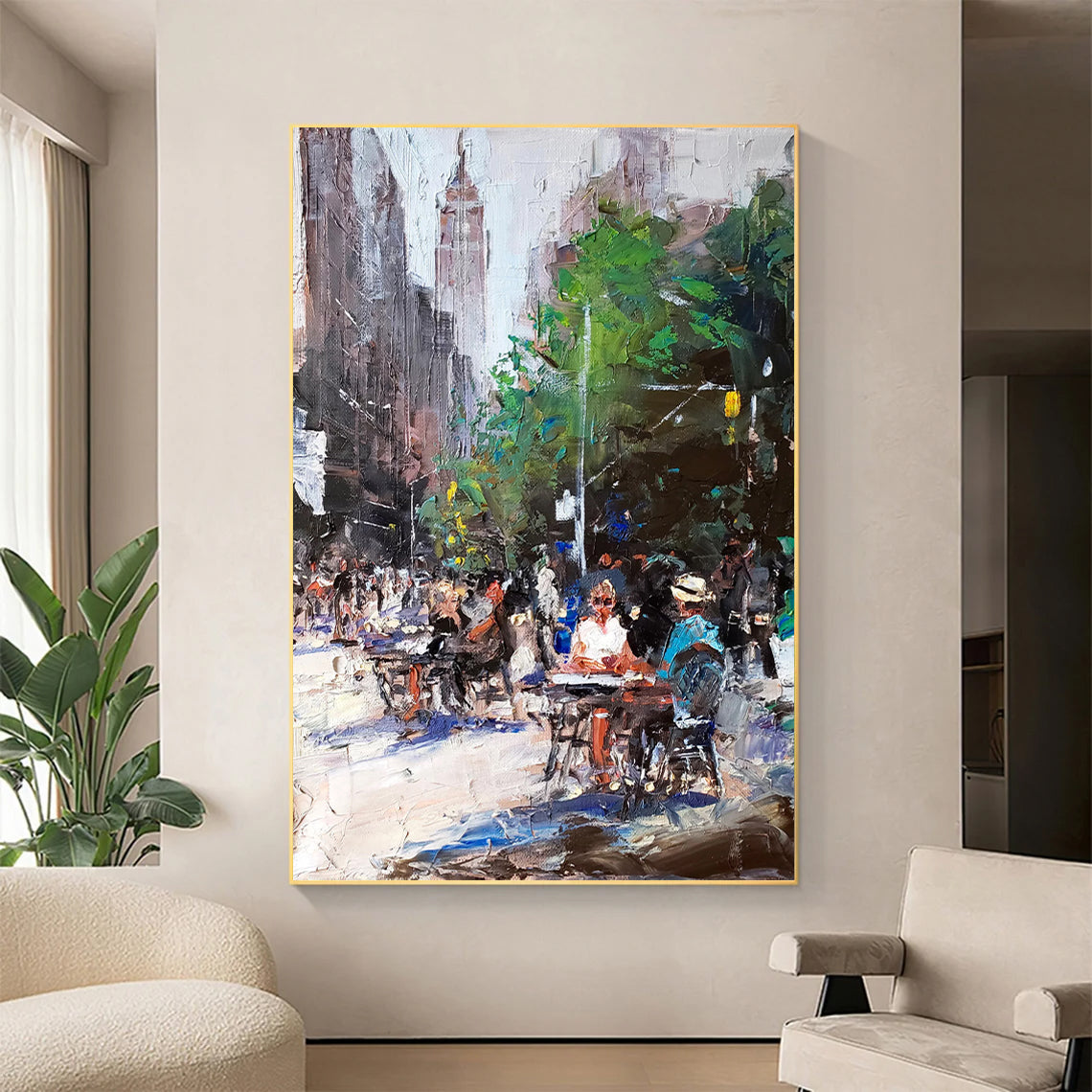 a painting of a city street scene with a horse drawn carriage