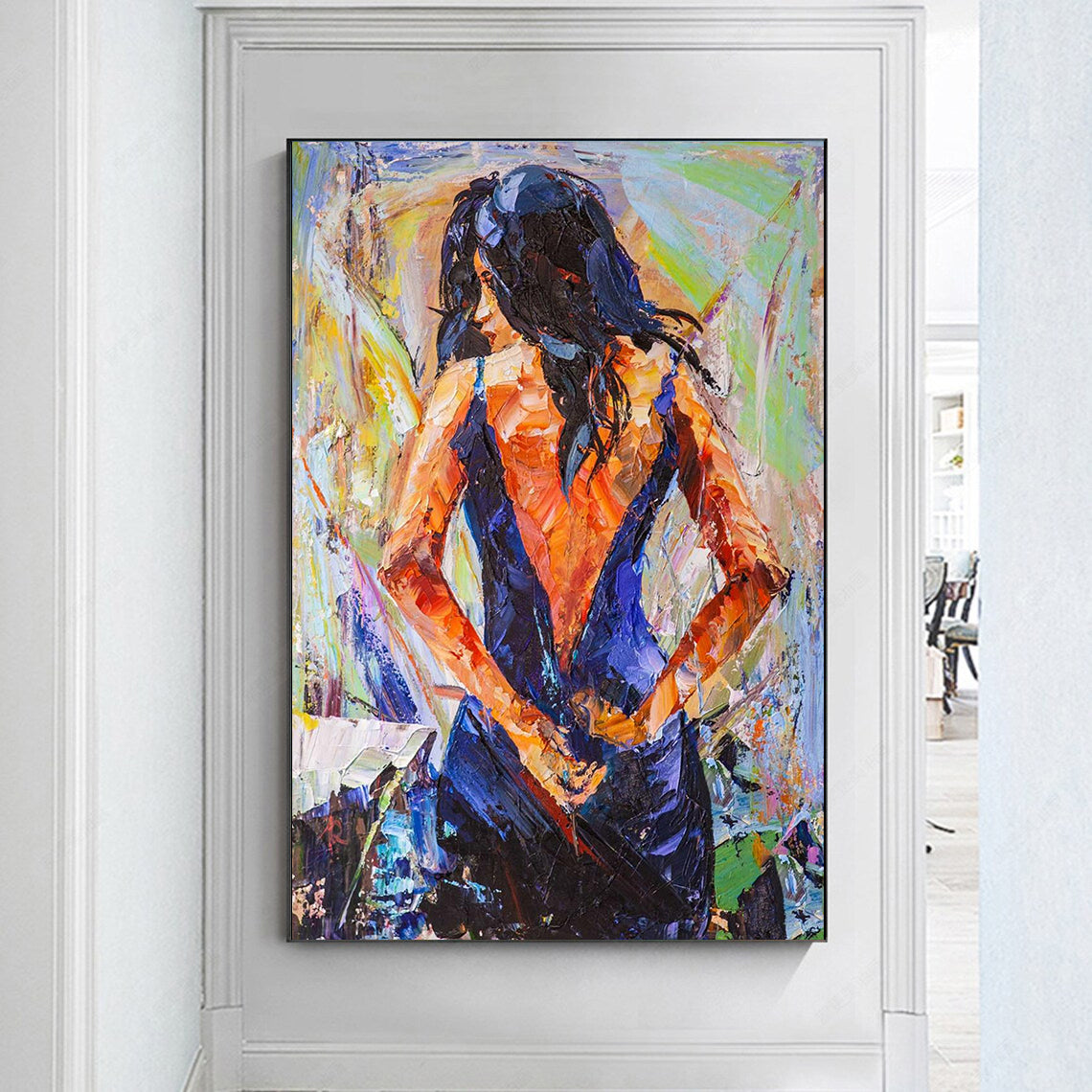 a painting of a woman in a blue dress
