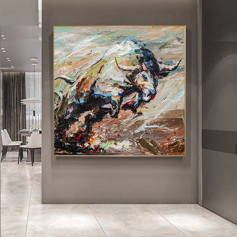 a painting of a bull in a room