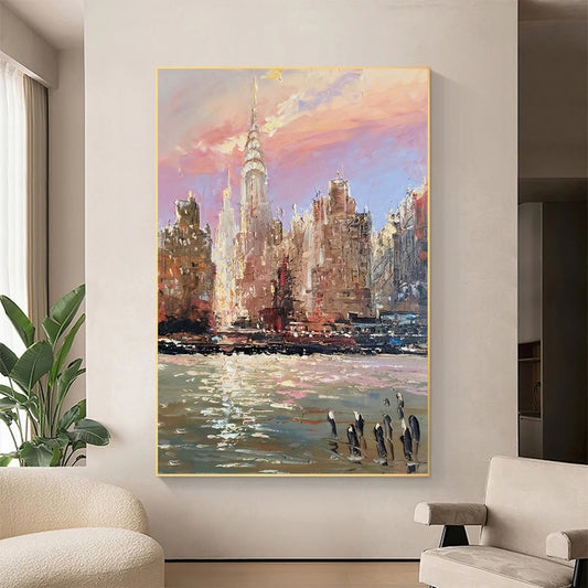 a painting of a cityscape in a living room